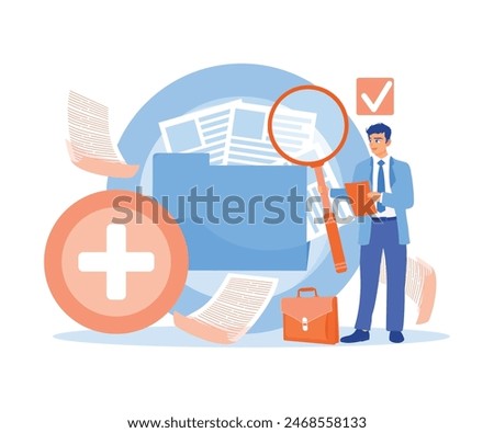 Businessman storing files on a digital server. Workers add files to large folders. Storage concept. Flat vector illustration.