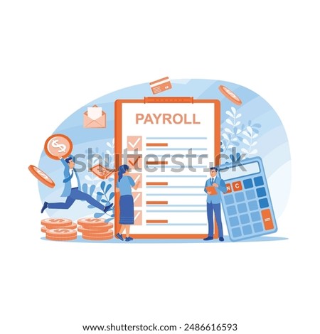 Businessman looking at payroll on clipboard. Employees are happy to get a monthly salary. Payroll concept. Flat vector illustration.