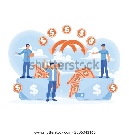 People transfer money online. Big wallet filled with money. Financial transactions concept. Flat vector illustration.