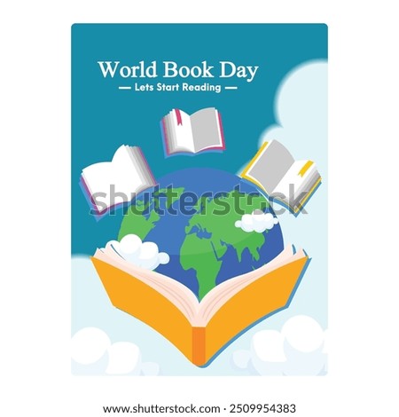 Open a book with a globe on top. Books flew around him. World Book Day concept. Flat vector illustration.