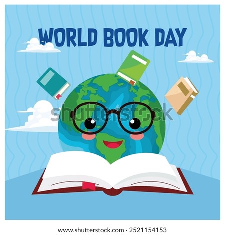 Open book with globe. Flying book on blue sky background. Happy Book Day concept. Flat vector illustration.