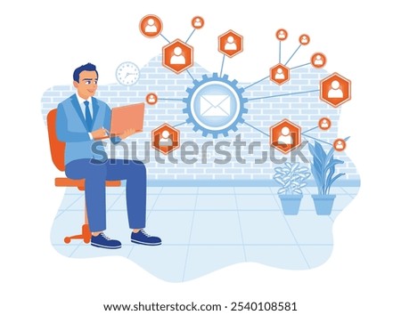 Businessman creates a list of clients for mailing. Add clients to increase sales targets. Marketing concept. Flat vector illustration.