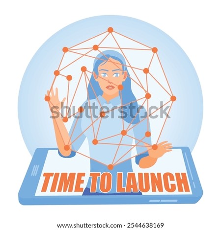 Woman with holographic display on cell phone. Starting and planning a new business. Launching Advertising Campaign concept. Flat vector illustration.