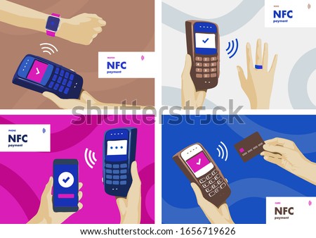 NFC terminal payment. Different pos purchase by card, ring, watch, smartphone. Digital wireless transaction concept. Electronic finance banners for web or articles. Vector illustration