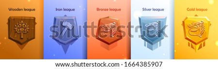 Leagues shields of rating icons for mobile game UI. Victory trophy copcept. Score achievements icons. Golden bronze silver wood iron leagues with dragon. Epic gamer set. Isolated vector illustration