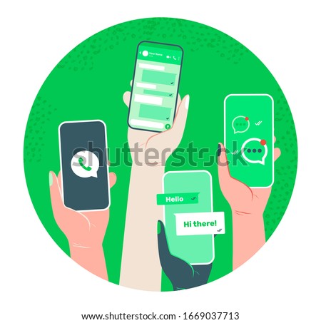 Whatsapp chat screen. Smart phone conversation in messenger concept. app interface template. Hand hold gadget with social network, voice message, speech bubble, text UI. Isolated vector illustration