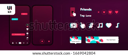 Screen with video on mobile. UI template big bundle for social media networks. Icons, logo, tutorial, animation and notification set. Mobile interface kit. Vector illustration tik tok mock up