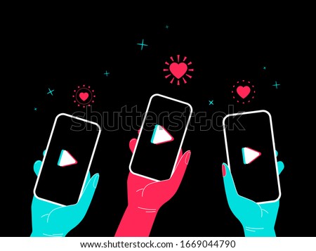 Video concept. People hand holding phone like and heart and stars around and icon on the screen. Marketing in social media banner. Isolated vector illustration