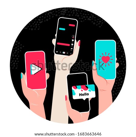 Vector concept with hands and smart phone, video tik tok. Social network illustration  Mobile app template like tiktok. 