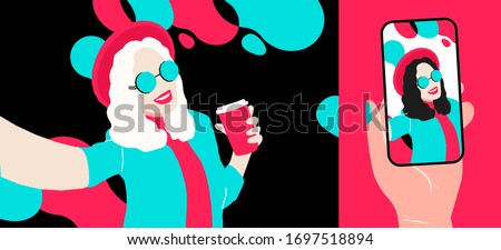Tiktok Influencer young girl bloger making video content. Social network streaming illustration template in mobile phone in hand. Woman in hat, glasses with coffee recording lifestyle blog vector.