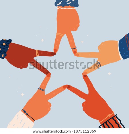 Star symbol with hands of multicultural women. Concept of teamwork, meeting, achievement, goal, rating, win. Referral network program for clients or customers vector illustration. Rating symbol