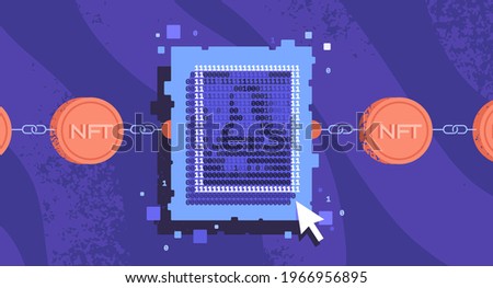 NFT. Non-fungible token illustration. Chain with crypto coins. Ethereum, solana or binance. Tokenization design. Digital art concept. Artwork in binary code style. Not interchangeable copy for gallery