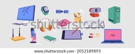 Set of computer accessories for desk or workspace. Wireless equipment like mouse, camera, headphones, microphone, watch, pen tablet, router, keyboard, monitor in office. Device repair vector concept. 