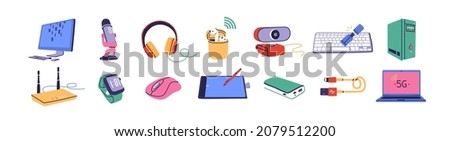 Big pack of computer accessories. Office electronics stuff like headphones, microphones, USB, laptop, tablet, mouse, router, watches, web camera. Contemporary school supplies concept. Isolated vector