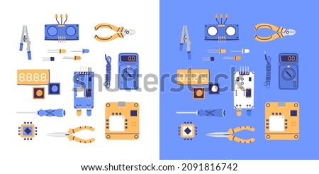 Set of microelectronic components. Arduino programming or test prototype concept. Diode, chip, sensor, screwdriver, clipper, transistor, board, hardware. All hand drawn vectors are isolated. 