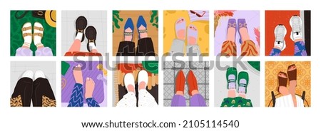 Lifestyle in different places for self-made modern women set. Female legs top view selfie in different locations for work, sport, jogging, walking, studying, meeting. Self-development vector concept