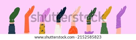 Different gloves set. Elegant woman hands accessories from leather, knit, velvet, silk, fabric, sheer tulle. Trendy outfit for autumn or winter with mitten, shortie, garment, lace. Isolated vector