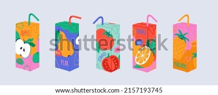 Set of colorful juice box with various fruit flavours. Apple, orange, tomato, pineapple, pear fresh. Lunch drink for kids. Summer lemonade illustration in cartoon style. Paper package isolated vector