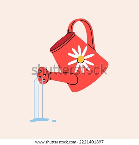 Cute vintage watering can with chamomile. Water the flowers. Gardening moisturising concept. All items are isolated