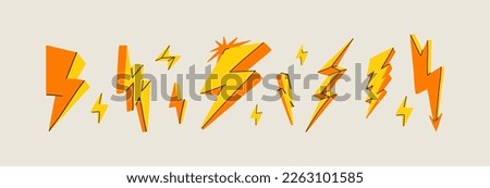 Yellow flash impulse different shapes. Alternative energy illustration. 3d lightnings in trendy retro style. Sale price vector concept. Electricity dynamic abstract splashes. All items are isolated