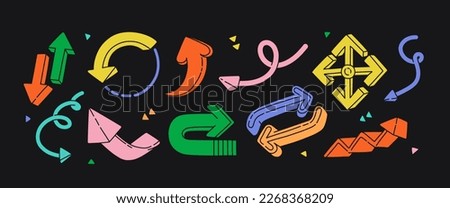 Various colored arrows set on dark background. Icons for upload, download, turn left or right, recycling, refresh, move. Rise up, motivation concept. All items are isolated