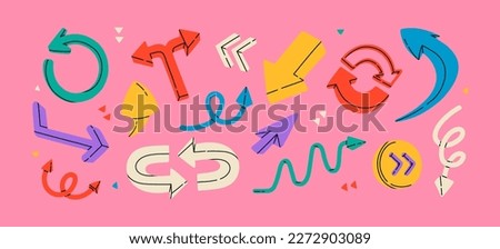 Arrow different shapes. Set of colorful elements for onload, resize, update, left, right, up, down, target, point, cursor, cancel. Road signs vector illustration. All items are isolated
