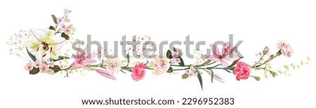 Panoramic view: bouquet of carnation, lilies, spring blossom. Horizontal border for Mothers Day or wedding invitation. Gentle realistic illustration in watercolor style on white background. Vector