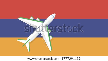 Vector Illustration of a passenger plane flying over the flag of Armenia. Concept of tourism and travel