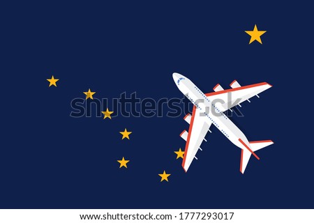 Vector Illustration of a passenger plane flying over the flag of Alaska. Concept of tourism and travel