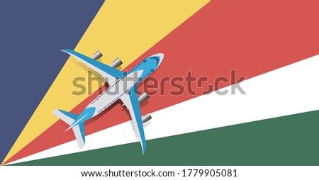 Vector Illustration of a passenger plane flying over the flag of the Seychelles. Concept of tourism and travel