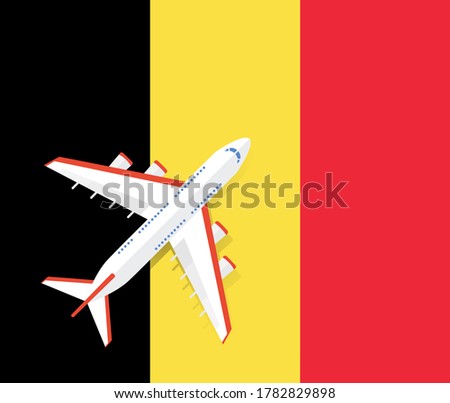 Vector Illustration of a passenger plane flying over the flag of Belgium. Concept of tourism and travel