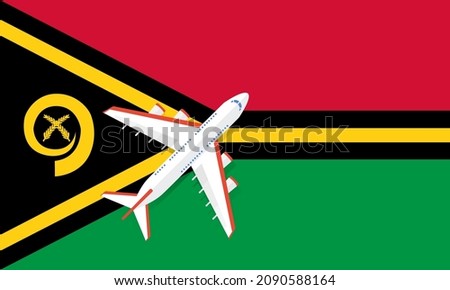 Plane and flag of Vanuatu. Travel concept for design. The plane is flying over the flag of Vanuatu.