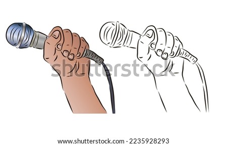 The hand holds the microphone in a color and black-and-white image. The concept of news or karaoke.