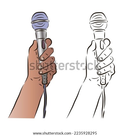 The hand holds the microphone in a color and black-and-white image. The concept of news or karaoke.