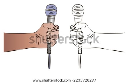 The hand holds the microphone in a color and black-and-white image. The concept of news or karaoke.