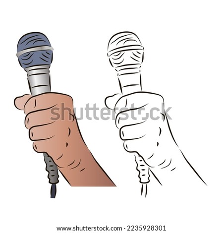 The hand holds the microphone in a color and black-and-white image. The concept of news or karaoke.