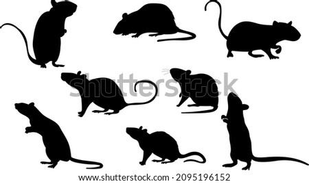 black silhouette rat, mouse set isolated, vector