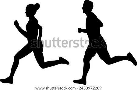 man and woman running silhouette on white background vector