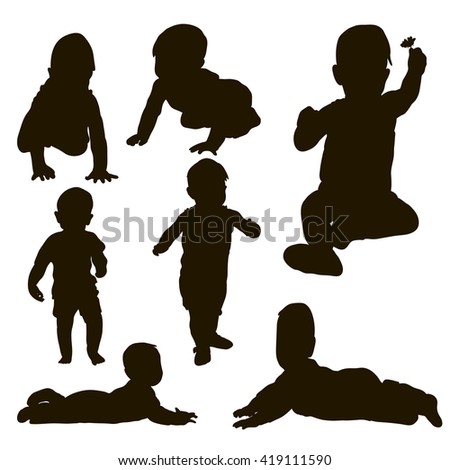 vector, isolated, silhouette child begins toe, th walk, set
