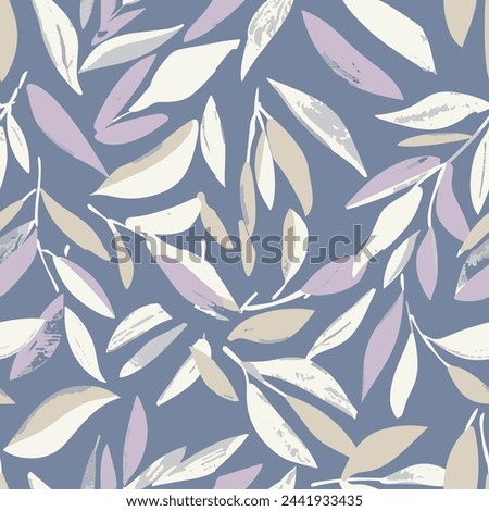 Soft blue purple white leaf plant , Ethnicity botanical fashion colorful drawing beautiful textile ornamental ogee endless ornament seamless trendy endless pattern illustration stripe vector print
