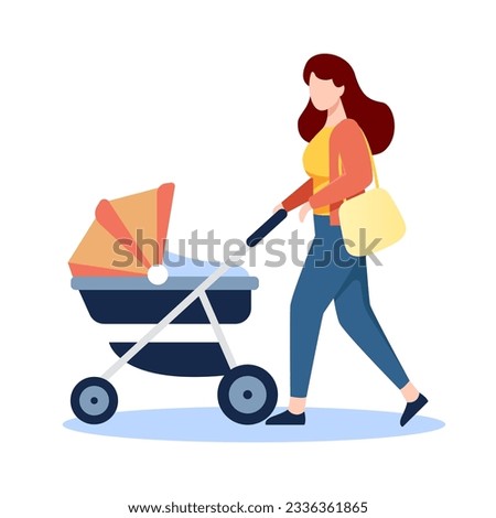 Mother with baby stroller. young mother character strolling newborn baby in pram isolated on white background. 