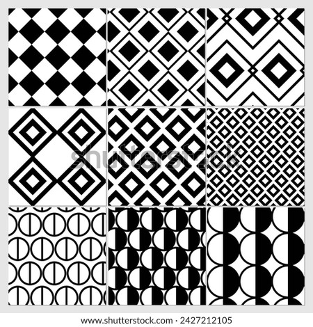 9 Universal different vector seamless patterns (tiling). Endless texture can be used for wallpaper, pattern fills, web page background, surface textures. Set of monochrome geometric ornaments.