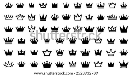 Simple icon, silhouette, and vector crown. Vector set of crown icons. Set of symbols representing the crown. Princess and King crowns. assemblage of crown silhouettes