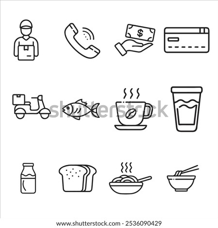 Modern Food Delivery Icon Set featuring 12 minimalist line art designs. This comprehensive Icon Set includes essential food service elements: delivery person, phone, payment methods, delivery scooter.