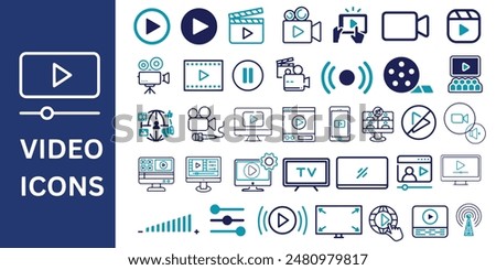 Video Icon Set. Video, online video, camera, play, pause, media, live, production, player, movie and brodcast icons. Vector illustration.