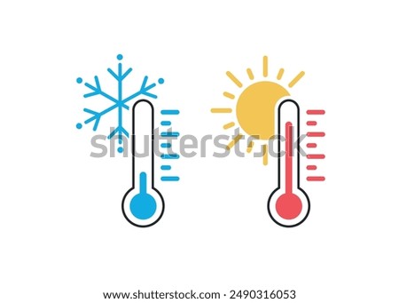 Temperature scale icon symbol. Weather sign. Thermometer with sun and snowflake icon. Hot and cold air temperature symbol in line and flat style for apps and websites, vector illustration