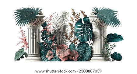 Drawn tropical exotic plants and leaves among the greek columns. Vector illustration desing.