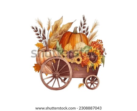 Wooden cart with autumn leaves pumpkins corn sunflow. Vector illustration desing.