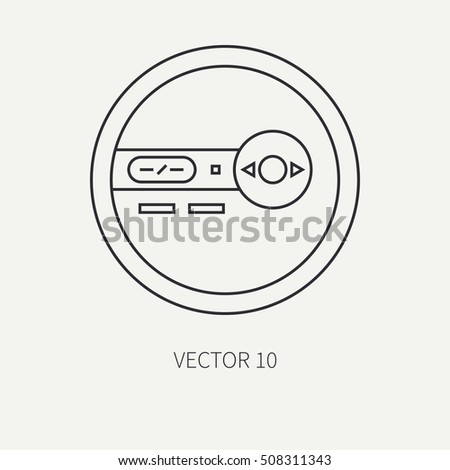 Line flat vector icon with retro electrical audio device portable cd player. Digital music. Cartoon style. Nostalgia musical equipment. Vector illustration , element for your design. Loud. Hi-fi.