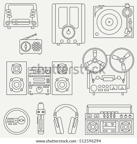 Line flat vector icon set with retro electrical audio devices. Analog broadcast. Music fan. Cartoon style. Nostalgia musical equipment. Vector illustration , element for your design. Communication.